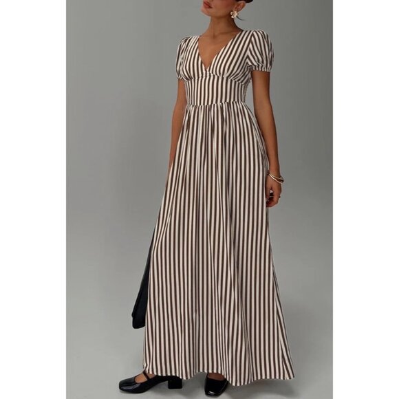 Princess Polly Collyns Maxi Dress Beige Pinstripe Sz 6 - Picture 1 of 14
